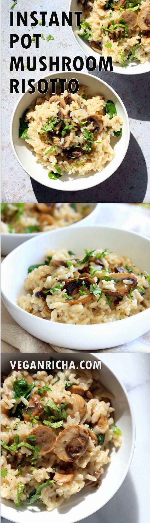 Instant Pot Mushroom Risotto. Easy Vegan Mushroom Risotto made in Instant Pot Pressure cooker. 1 Pot, no standing in the kitchen needed. Saucepan option. #Recipe #soyfree #nutfree #vegan #glutenfree #veganricha #instantpot #pressurecooker | VeganRicha.com