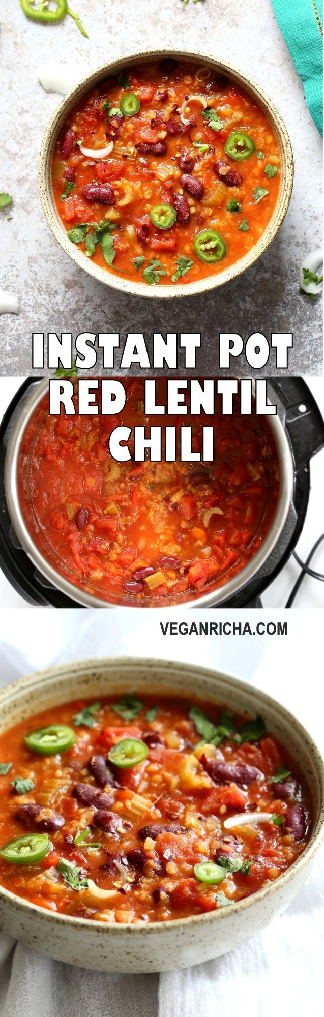 Instant Pot Vegan Chili - Oil-free Kidney Bean Red Lentil Chili.Easy Vegetarian Chili. Saucepan Option #Vegan #Glutenfree #Nutfree #Soyfree #Recipe #veganricha | VeganRicha.com