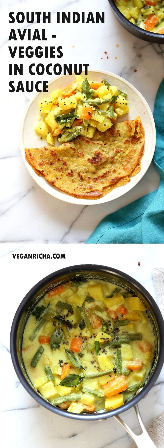 Avial Recipe - South Indian Veggie Coconut Curry. Seasonal Vegetables in easy spiced coconut sauce. Serve over rice, flatbread or dosa crepes. #Vegan #Indian #Glutenfree #Soyfree #Recipe #VeganRicha | VeganRicha.com