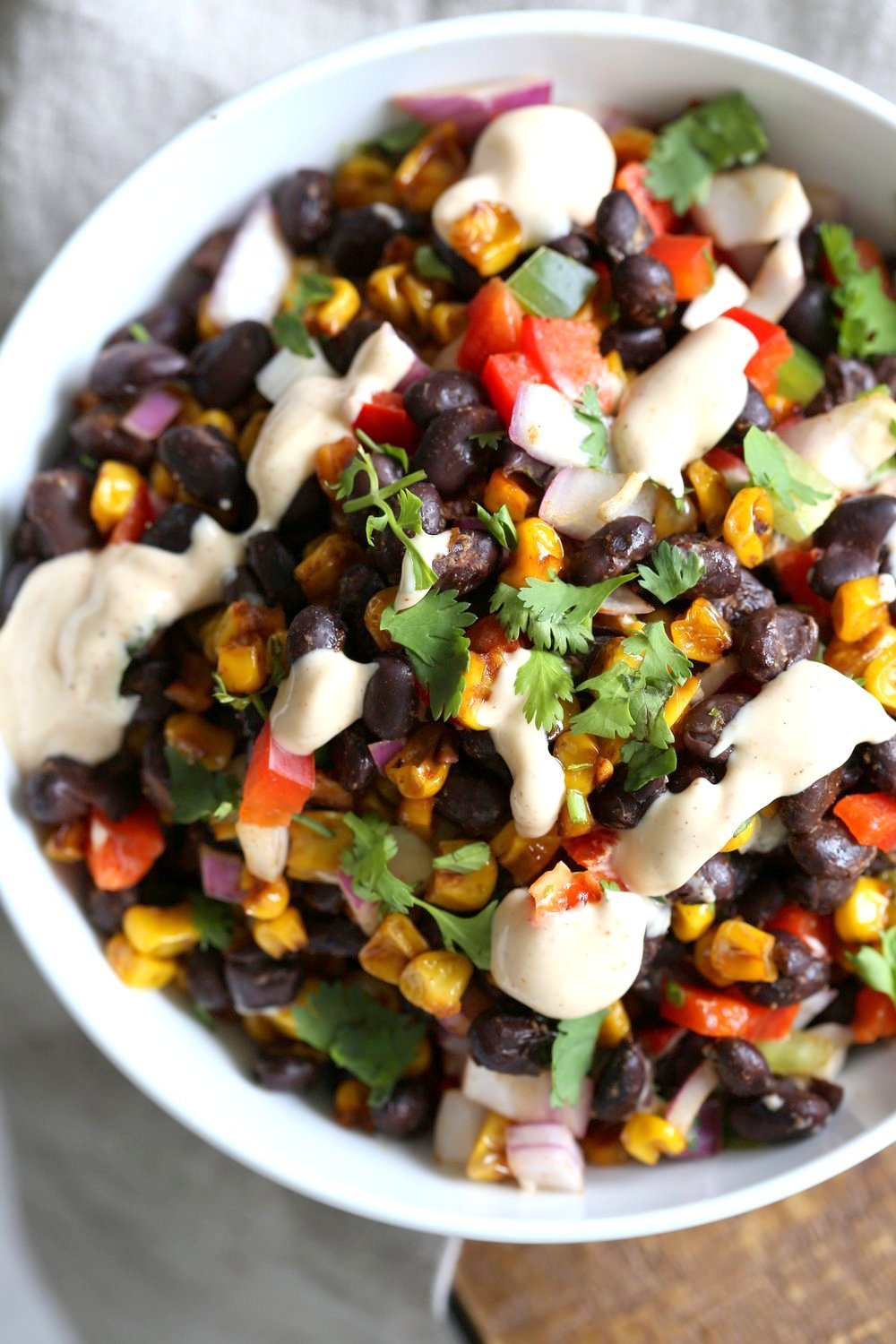 Mexican Street Corn Salad with Black Beans and Chipotle Mayo. Elote Bean Salad. Serve with Tortilla Chips. #Vegan #Glutenfree #Nutfree #soyfree #Recipe #veganricha | VeganRicha.com