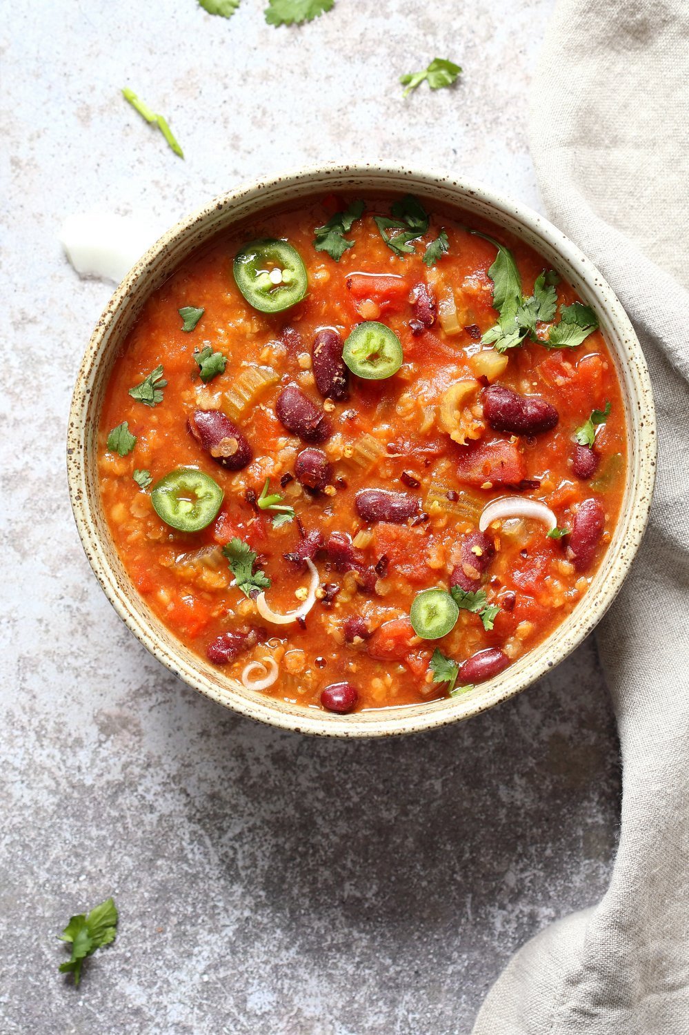 Instant Pot Vegan Chili - Oil-free Kidney Bean Red Lentil Chili. Easy Bean Lentil Soup. #Vegan #Glutenfree #Nutfree #Soyfree #Recipe #veganricha | VeganRicha.com