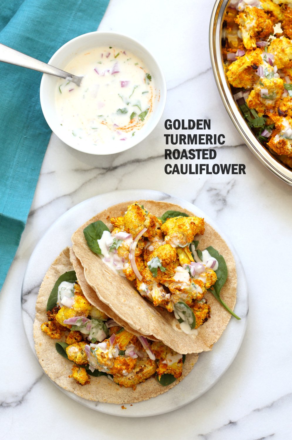 Turmeric Roasted Cauliflower with Raita Dip. These Delicious Golden Cauliflower Bites are easy and quick. Serve with a dash of lemon or with a Yogurt onion dip or Green Chutney. #Vegan #Soyfree #Nutfree #veganricha #Recipe. Can be #glutenfree