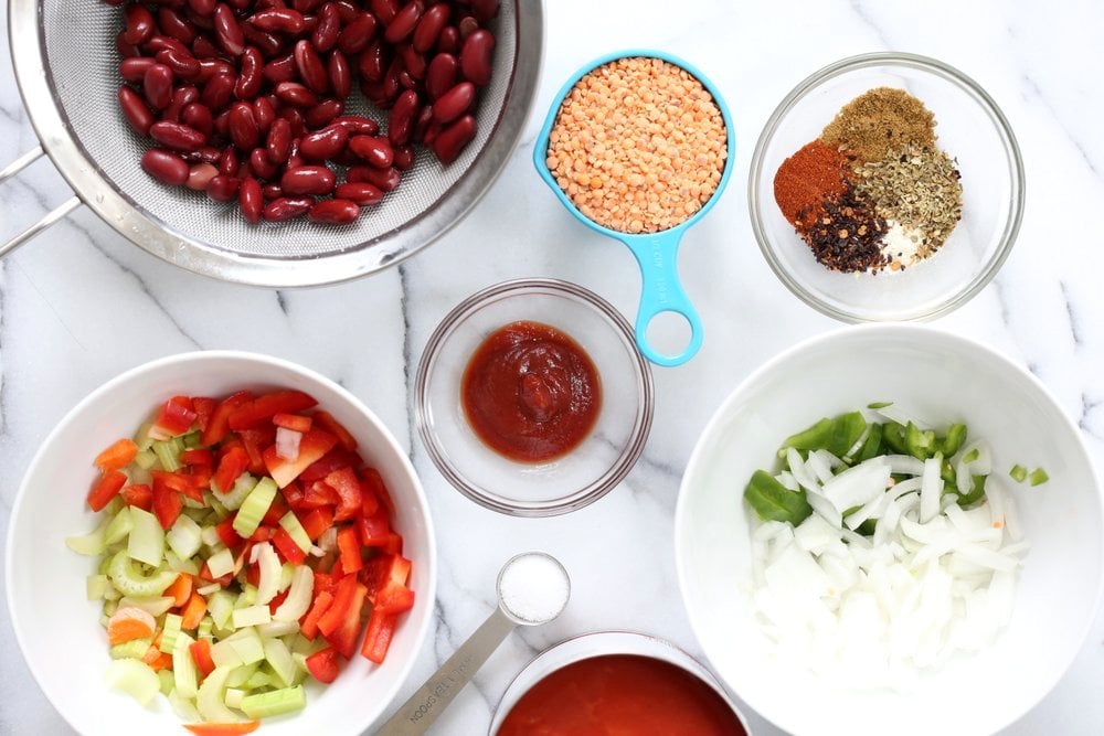 Ingredients for our Instant Pot Vegan Chili mise en place in Bowls