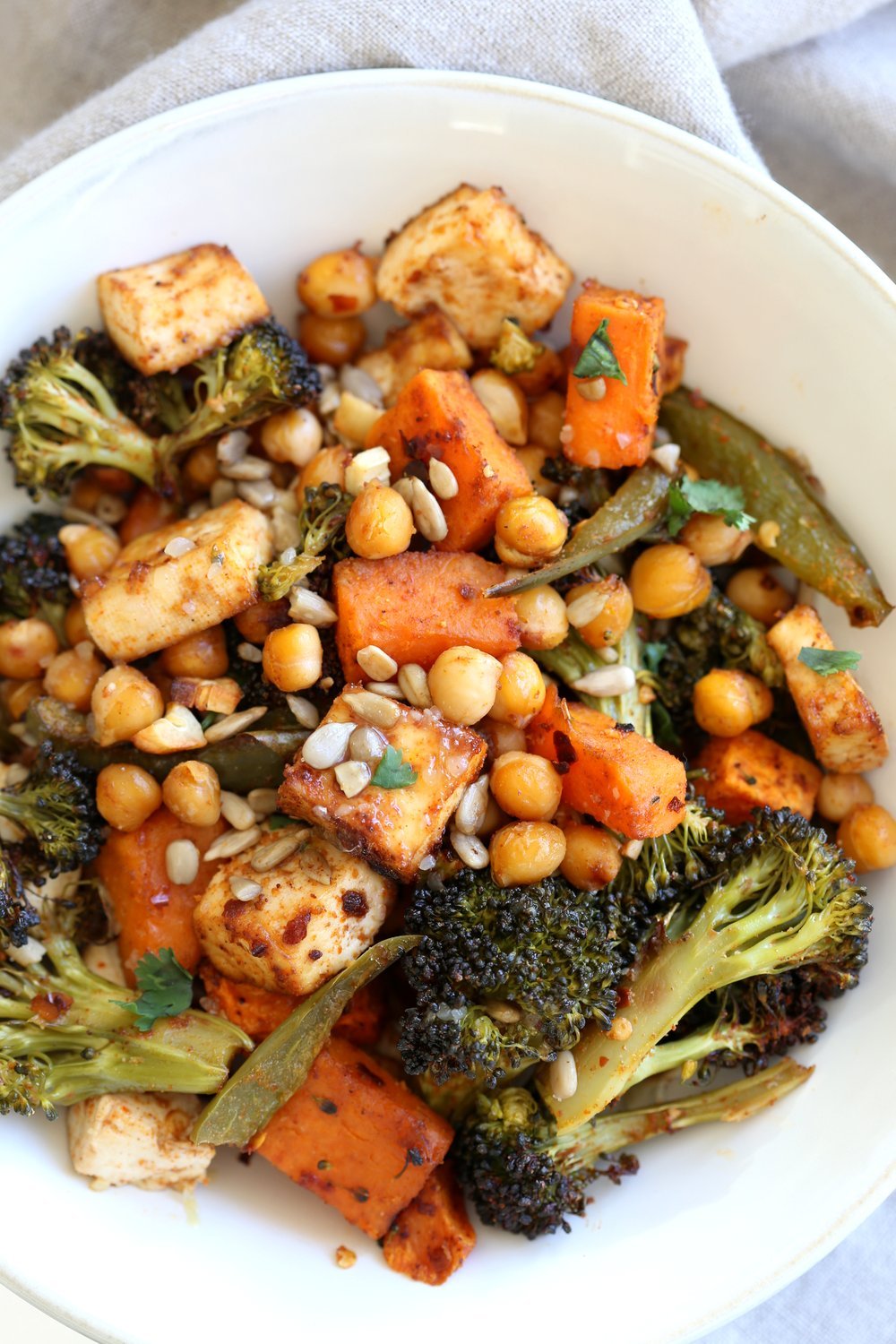 Sheet Pan Veggie Dinner with Roasted Veggies, Chickpeas, Tofu in a Bowl for our Sheet Pan Veggie Dinner