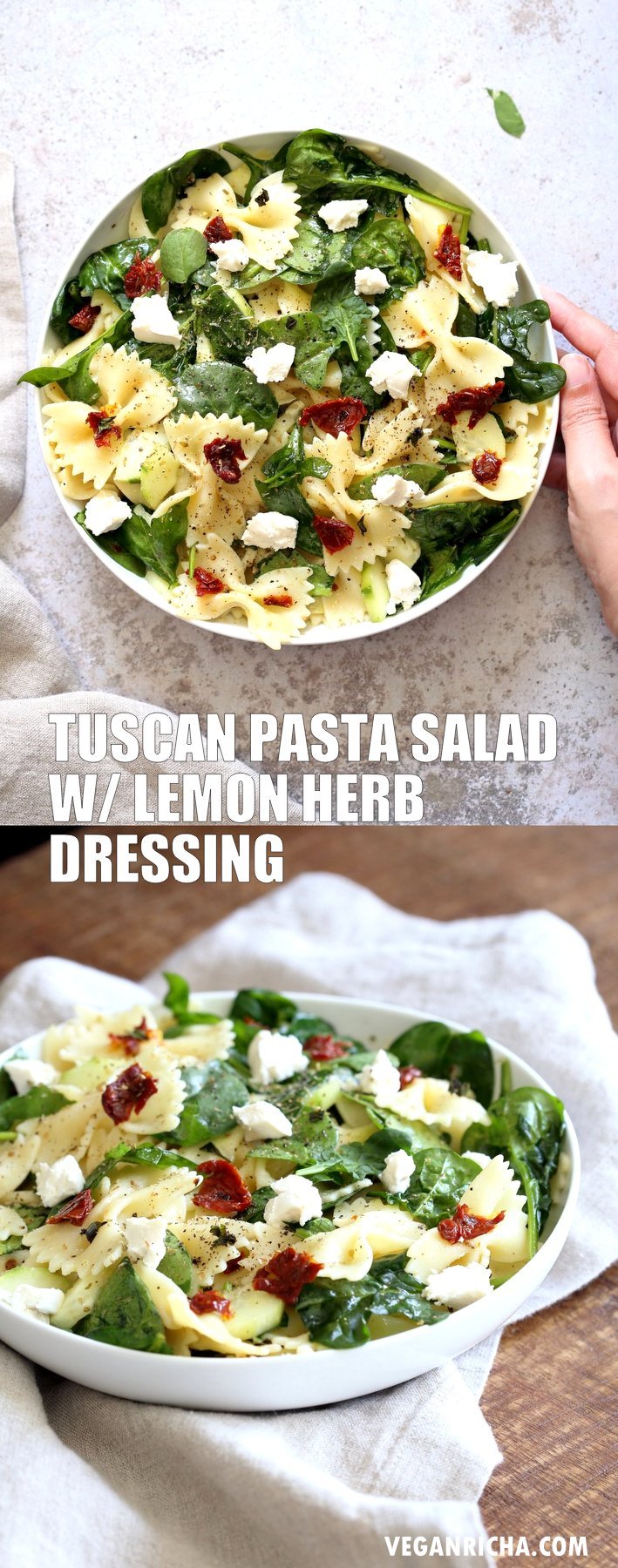 Tuscan Pasta Salad with Lemon Garlic Herb Vinaigrette. Farfalle Pasta Salad with sun dried tomato, cucumber, spinach, vegan feta and Tuscan/Mediterranean flavors. #Vegan #Soyfree #Recipe. Can be #nutfree and #glutenfree #veganricha