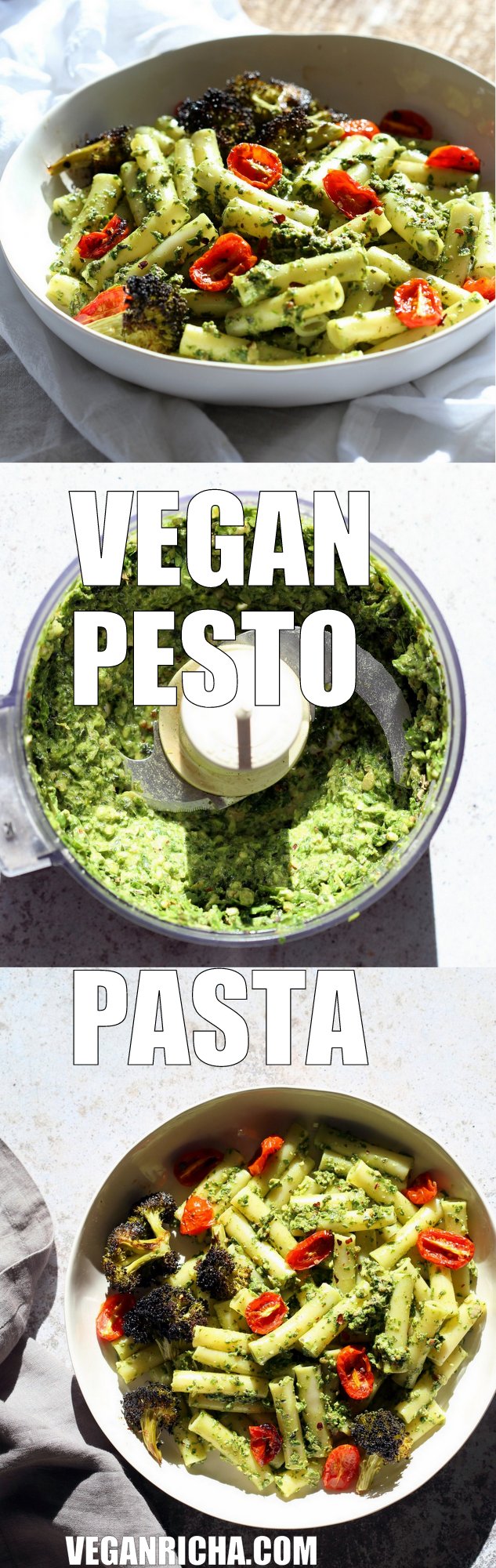 Vegan Pesto Pasta with Charred Broccoli. Easy Vegan Pesto with Ziti, served with roasted cherry tomatoes and broccoli. #Vegan #Soyfree #Recipe #VeganRicha. Can be #glutenfree and #nutfree | VeganRicha.com