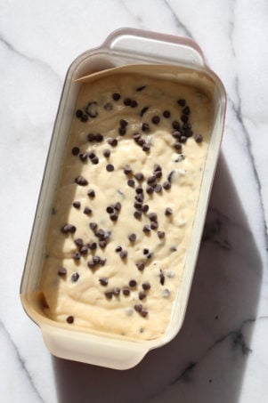 Vegan Chocolate Chip Cake Recipe. This Chocolate Chip Quick Bread is super easy and popular to everyone. Add seasonal berries, make cupcakes, add a streusel for variation. #Vegan #Soyfree #Nutfree #Recipe GF option #veganricha | VeganRicha.com