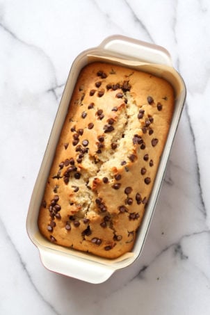 Vegan Chocolate Chip Cake Loaf pan on Marble