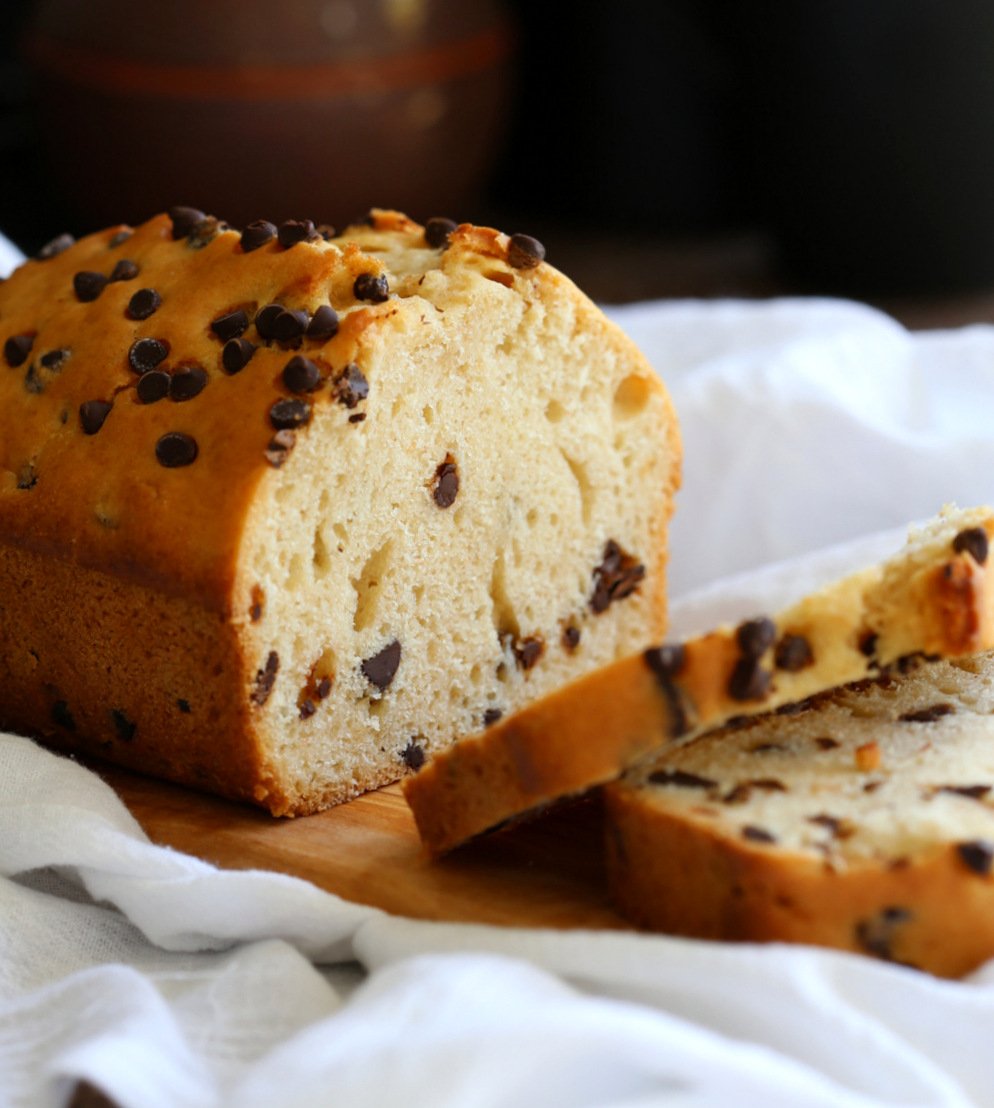 Vegan Chocolate Chip Cake Recipe. This Chocolate Chip Quick Bread is super easy and popular to everyone. Add seasonal berries, make cupcakes, add a streusel for variation. #Vegan #Soyfree #Nutfree #Recipe GF option #veganricha | VeganRicha.com