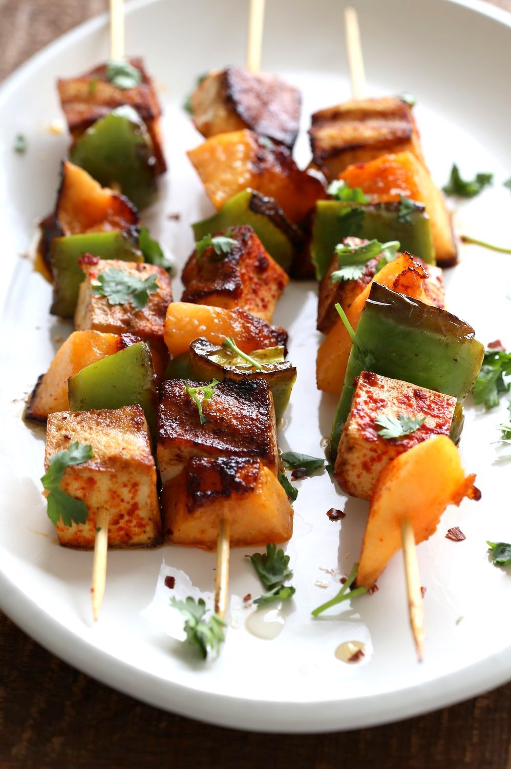 Gochugaru Baked Tofu, Melon, Pepper Veggie skewers with Chili Lime Sauce. Summer Vegetable kabobs.#Vegan #Glutenfree #Nutfree #Recipe. #veganricha