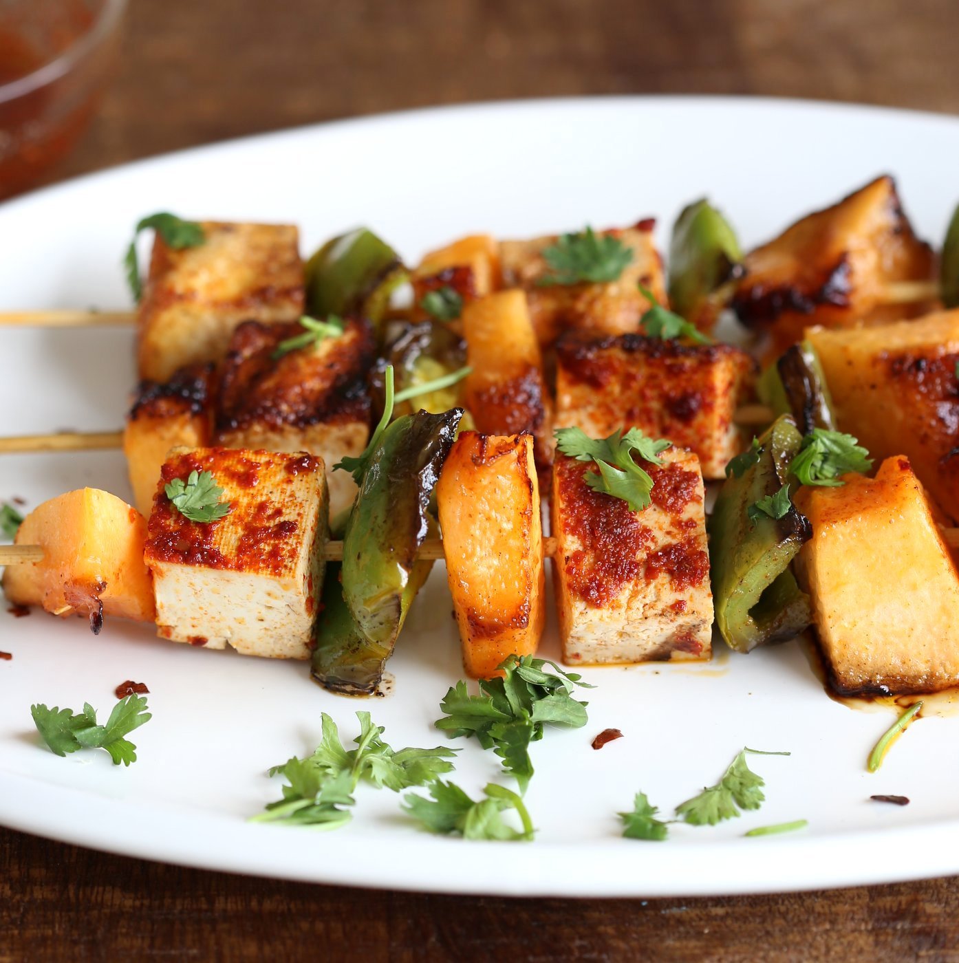 Gochugaru Baked Tofu, Melon, Pepper Veggie skewers with Chili Lime Sauce. Summer Vegetable kabobs.#Vegan #Glutenfree #Nutfree #Recipe. #veganricha
