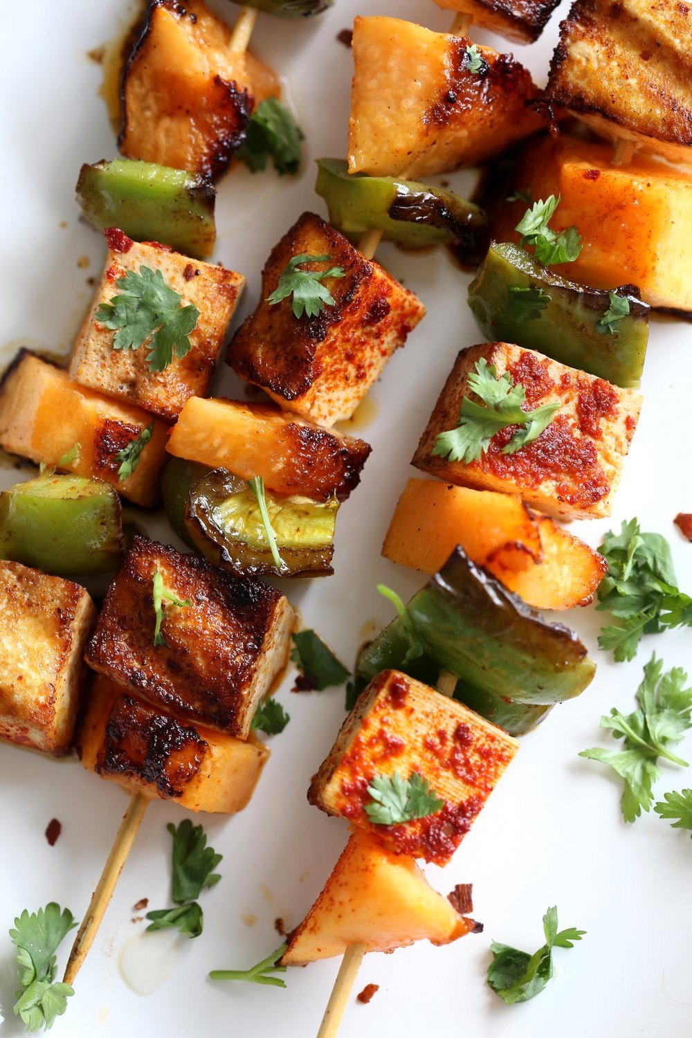 Gochugaru Baked Tofu, Melon, Pepper Veggie skewers with Chili Lime Sauce. Summer Vegetable kabobs.#Vegan #Glutenfree #Nutfree #Recipe. #veganricha
