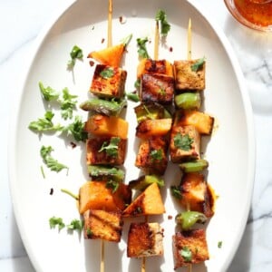 Gochugaru Baked Tofu, Melon, Pepper Veggie skewers with Chili Lime Sauce. Summer Vegetable kabobs.#Vegan #Glutenfree #Nutfree #Recipe. #veganricha