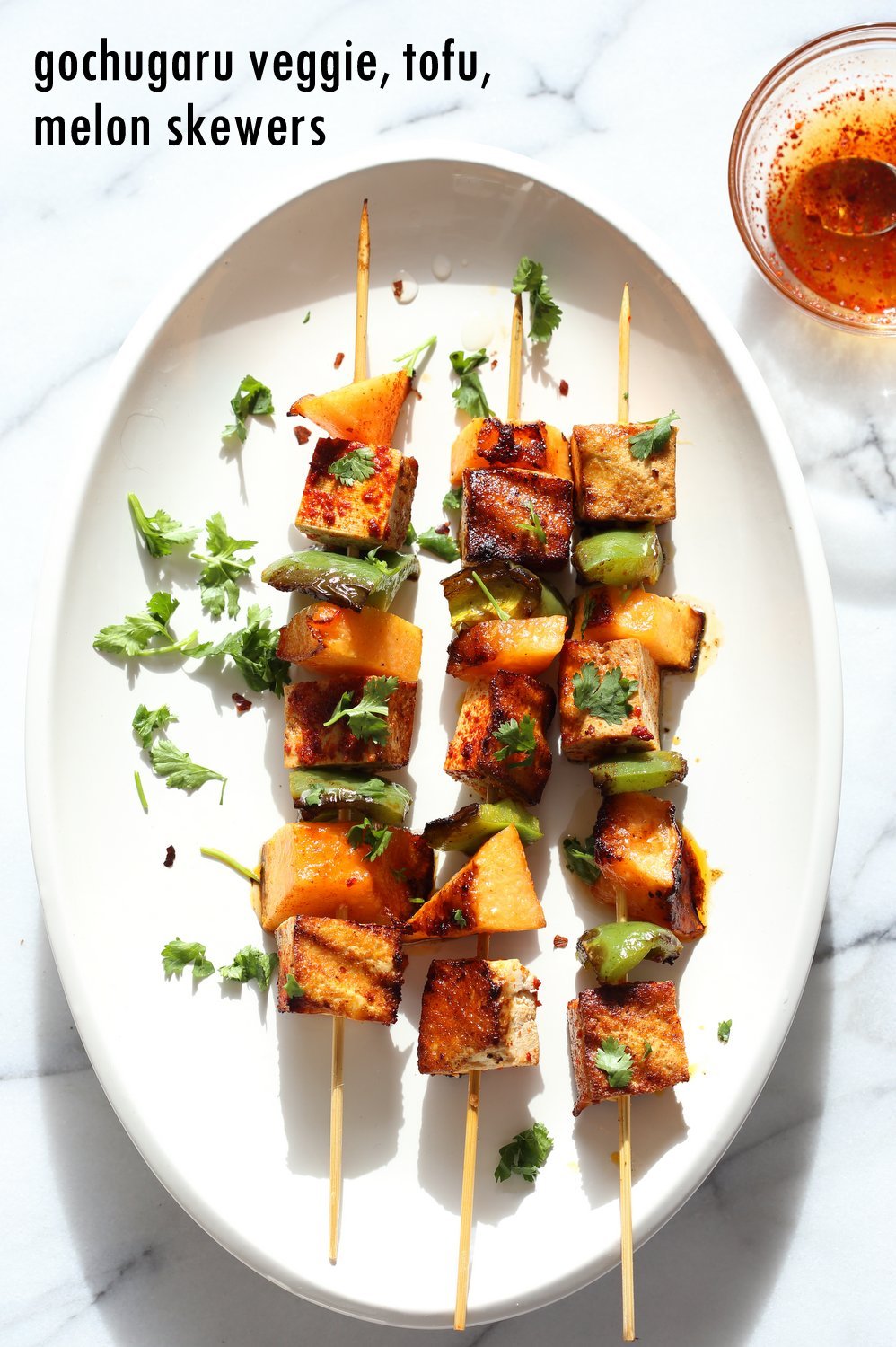 Gochugaru Baked Tofu, Melon, Pepper Veggie skewers with Chili Lime Sauce. Summer Vegetable kabobs.#Vegan #Glutenfree #Nutfree #Recipe. #veganricha
