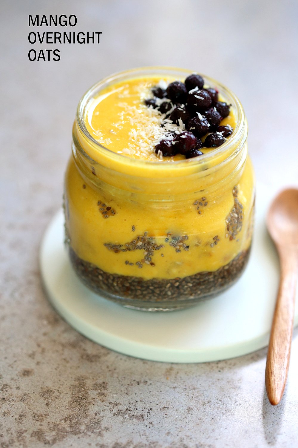 Vegan Mango Overnight Oats with Turmeric and Chia Seeds. Golden Overnight Oatmeal. #Vegan #Glutenfree #Nutfree #Soyfree #Recipe #veganricha #breakfast | VeganRicha.com