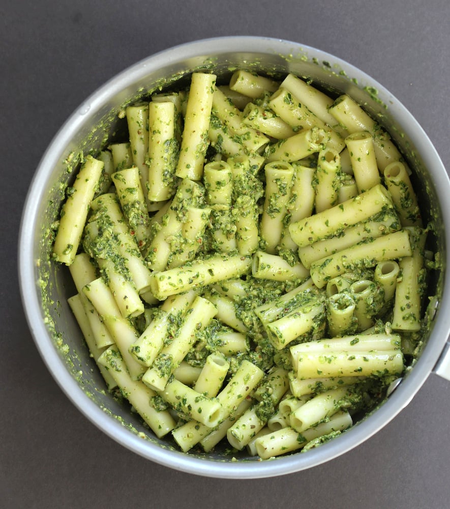 Vegan Pesto Pasta with Charred Broccoli. Easy Vegan Pesto with Ziti, served with roasted cherry tomatoes and broccoli. #Vegan #Soyfree #Recipe #VeganRicha. Can be #glutenfree and #nutfree | VeganRicha.com
