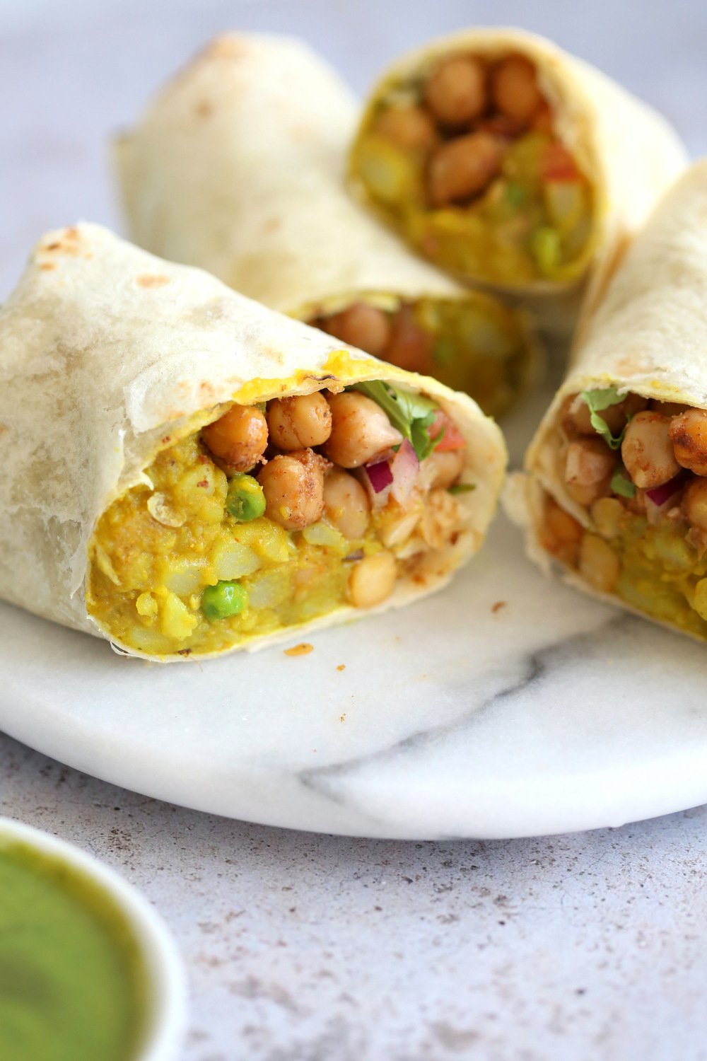 Samosa Wraps - Spiced Potatoes, Chickpeas, Chutney Burrito. Easy Spiced Potato Chickpea Burrito for lunch, picnic or carry out. #VeganRicha #Vegan #Nutfree #Soyfree #Recipe  Easily #Glutenfree