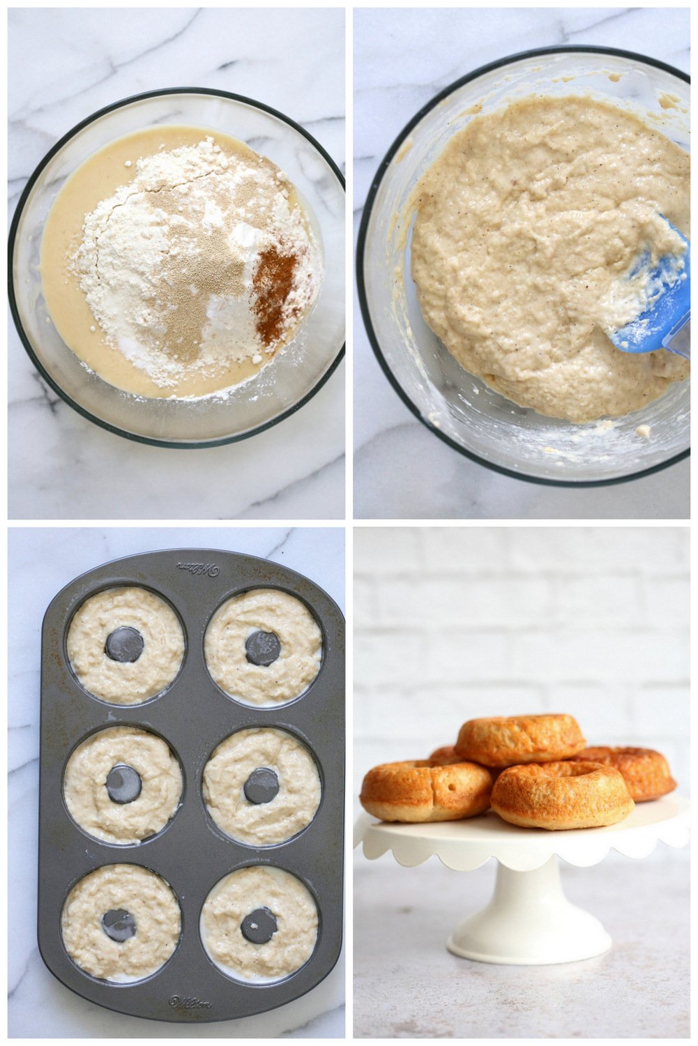 Step pictures for Vegan Banana Donuts. Make the batter, Pour into donut pan and bake