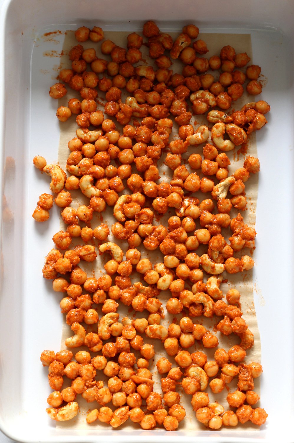 Our Sriracha Chickpeas in Baking dish before roasting
