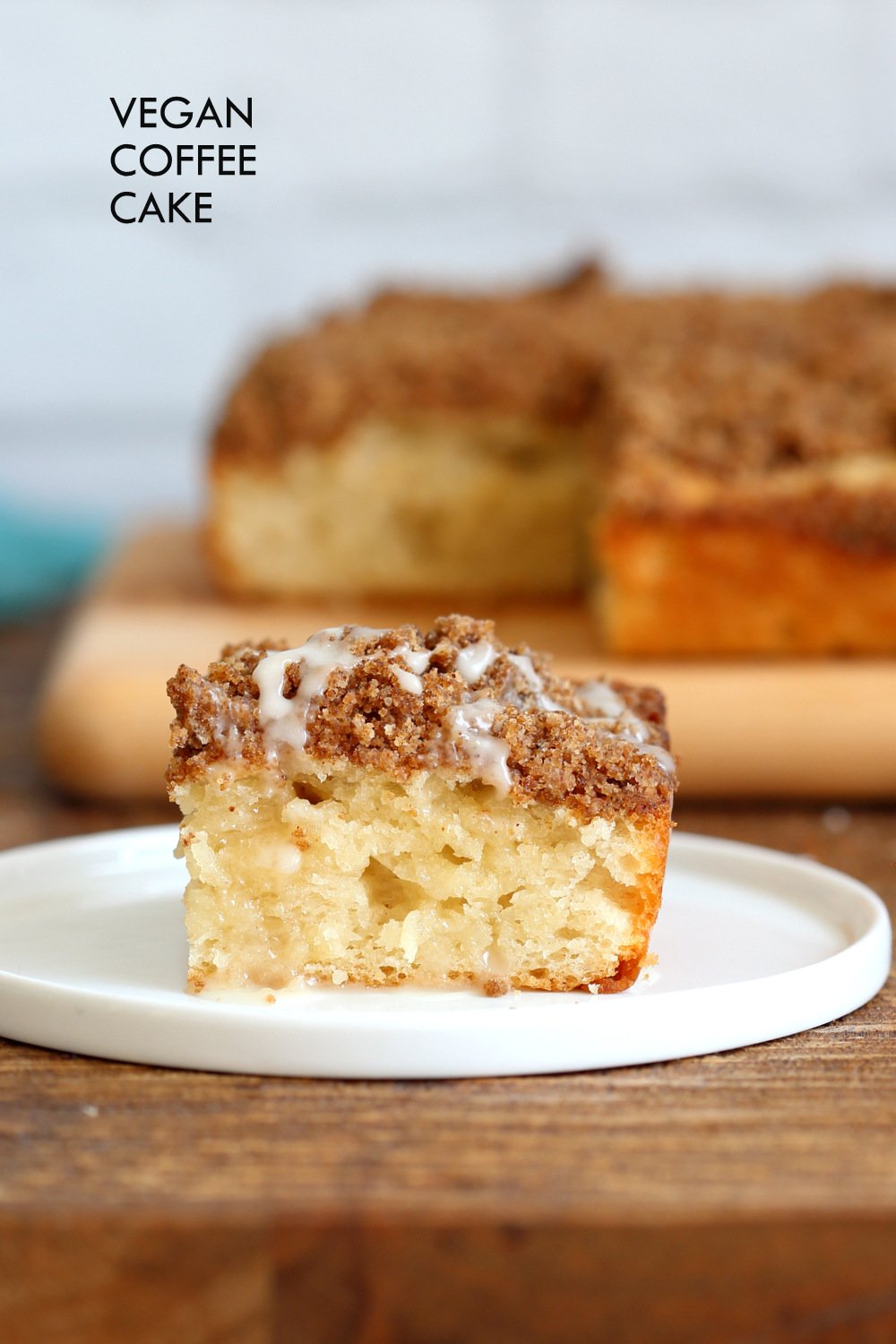 Easy Vegan Coffee Cake Recipe. Simple soft Vanilla Cake topped with a delicious Streusel. Classic Cinnamon Streusel Coffee cake. #Vegan #soyfree #nutfree #Recipe. Glutenfree optionย #veganricha