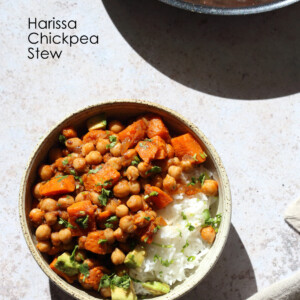 Harissa Chickpea Stew with Sweet Potato. This stew is my fridge clean up version of a Moroccan Chickpea Stew. Use seasonal veggies and lentils for variation. #Vegan #Glutenfree #Soyfree #Nutfree #Recipe #veganricha