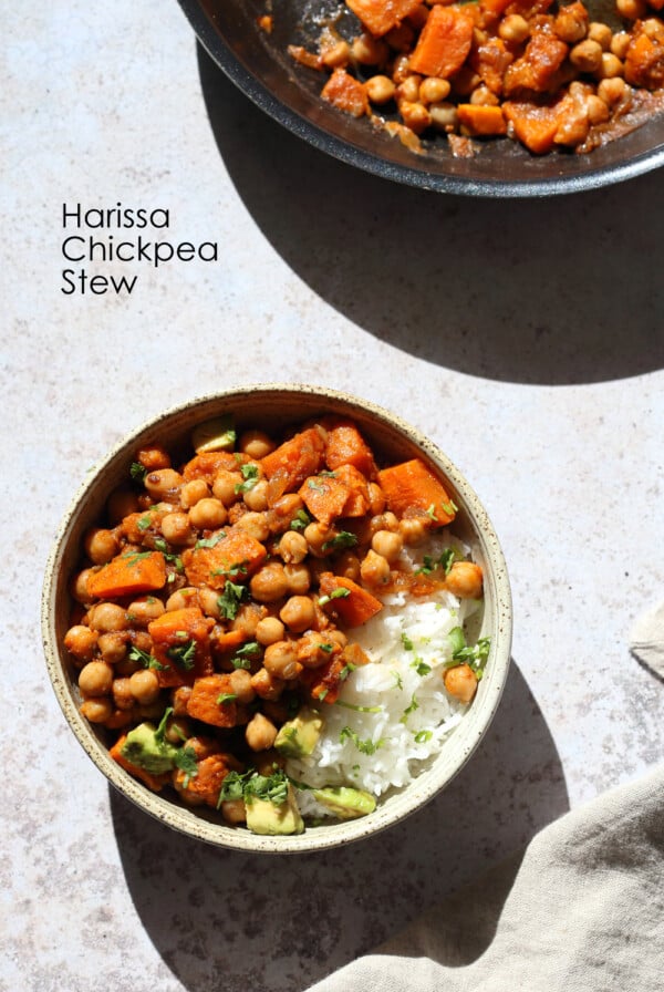 Harissa Chickpea Stew with Sweet Potato. This stew is my fridge clean up version of a Moroccan Chickpea Stew. Use seasonal veggies and lentils for variation. #Vegan #Glutenfree #Soyfree #Nutfree #Recipe #veganricha