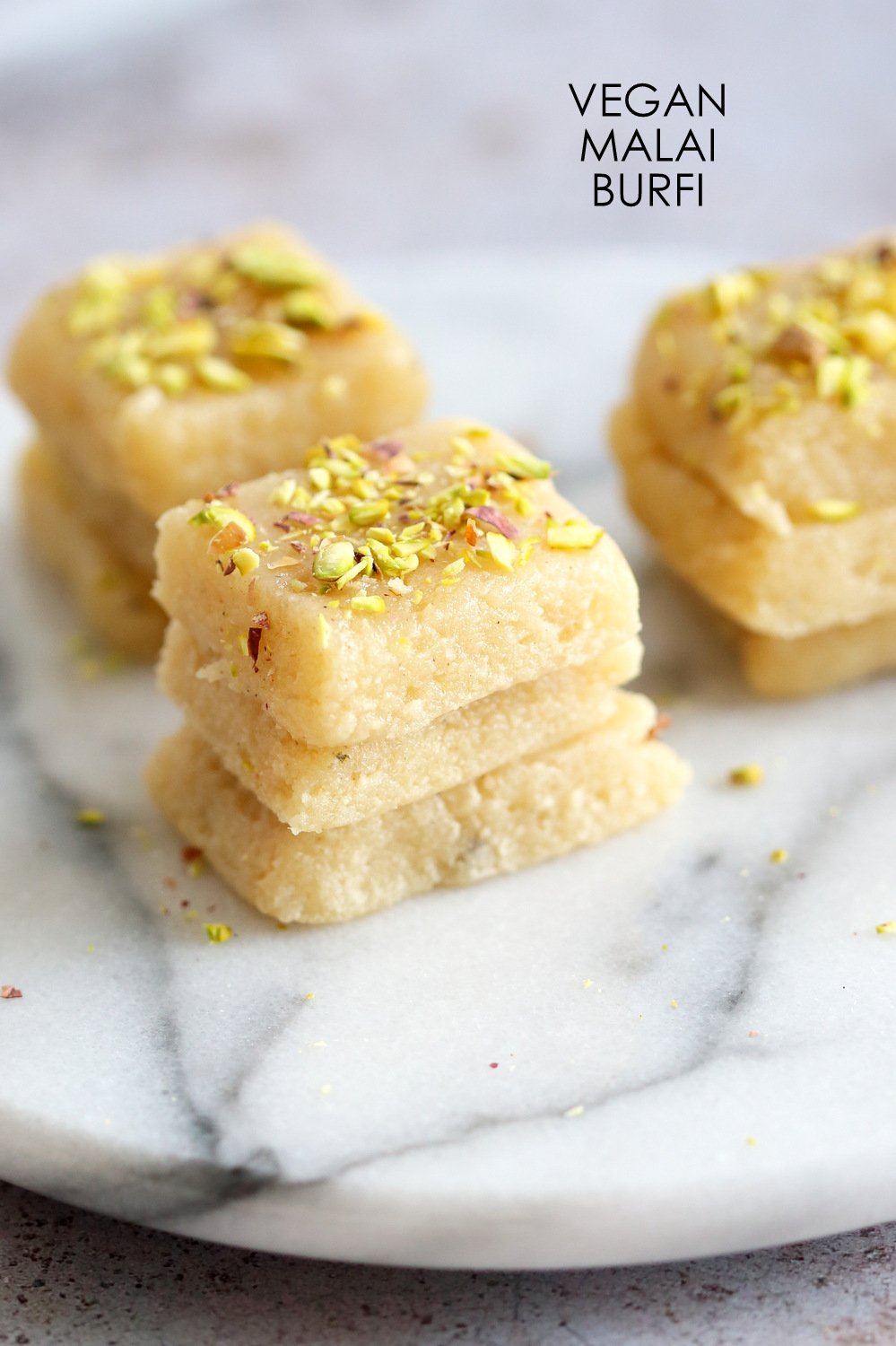 Vegan Malai Burfi (Milk Cake)- Indian Fudge Bars. Dairy-free Burfi For Indian Festivals. Creamy Cardamom Fudge. 8 Ingredient Burfi #VeganRicha #Vegan #Glutenfree #Soyfree #Recipe.