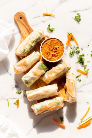Easy Vegan Fresh Spring Rolls with Peanut Sauce. Rice paper Fresh Rolls with Marinated Tofu and Quick Peanut Dipping Sauce. #Vegan #VeganRicha #VeganSpringrolls #VeganSummerrolls Glutenfree #Recipe Can be Nutfree with Sunbutter or Sweet Chili sauce.Â