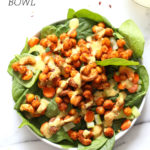 Sriracha Chickpeas, Cashews, Spinach Bowl with Ranch Curry Dressing. Add these Sriracha Roasted Chickpeas and Cashews to Bowls, wraps, salads. #Vegan #Glutenfree #Soyfree #Recipe Omit Cashews to make #nutfree #veganricha | VeganRicha.com