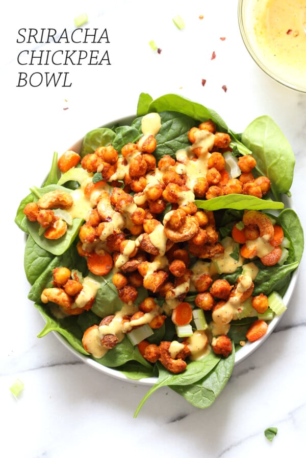 Sriracha Chickpeas, Cashews, Spinach Bowl with Ranch Curry Dressing. Add these Sriracha Roasted Chickpeas and Cashews to Bowls, wraps, salads. #Vegan #Glutenfree #Soyfree #Recipe Omit Cashews to make #nutfree #veganricha | VeganRicha.com