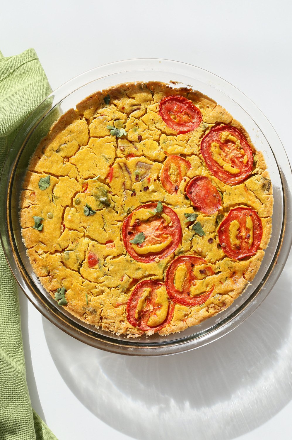 Chickpea Flour Frittata - Eggless Vegan Frittata Recipe. This Chickpea flour frittata is filling, easy and delicious. Use the batter to make pancakes, crepes, crustless quiche. #Vegan #Glutenfree #Soyfree #Nutfree #Recipe #veganricha