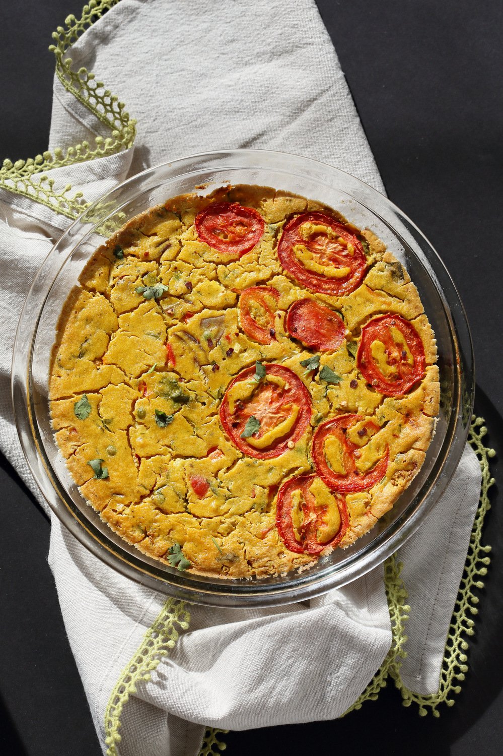 Chickpea Flour Frittata - Eggless Vegan Frittata Recipe. This Chickpea flour frittata is filling, easy and delicious. Use the batter to make pancakes, crepes, crustless quiche. #Vegan #Glutenfree #Soyfree #Nutfree #Recipe #veganricha