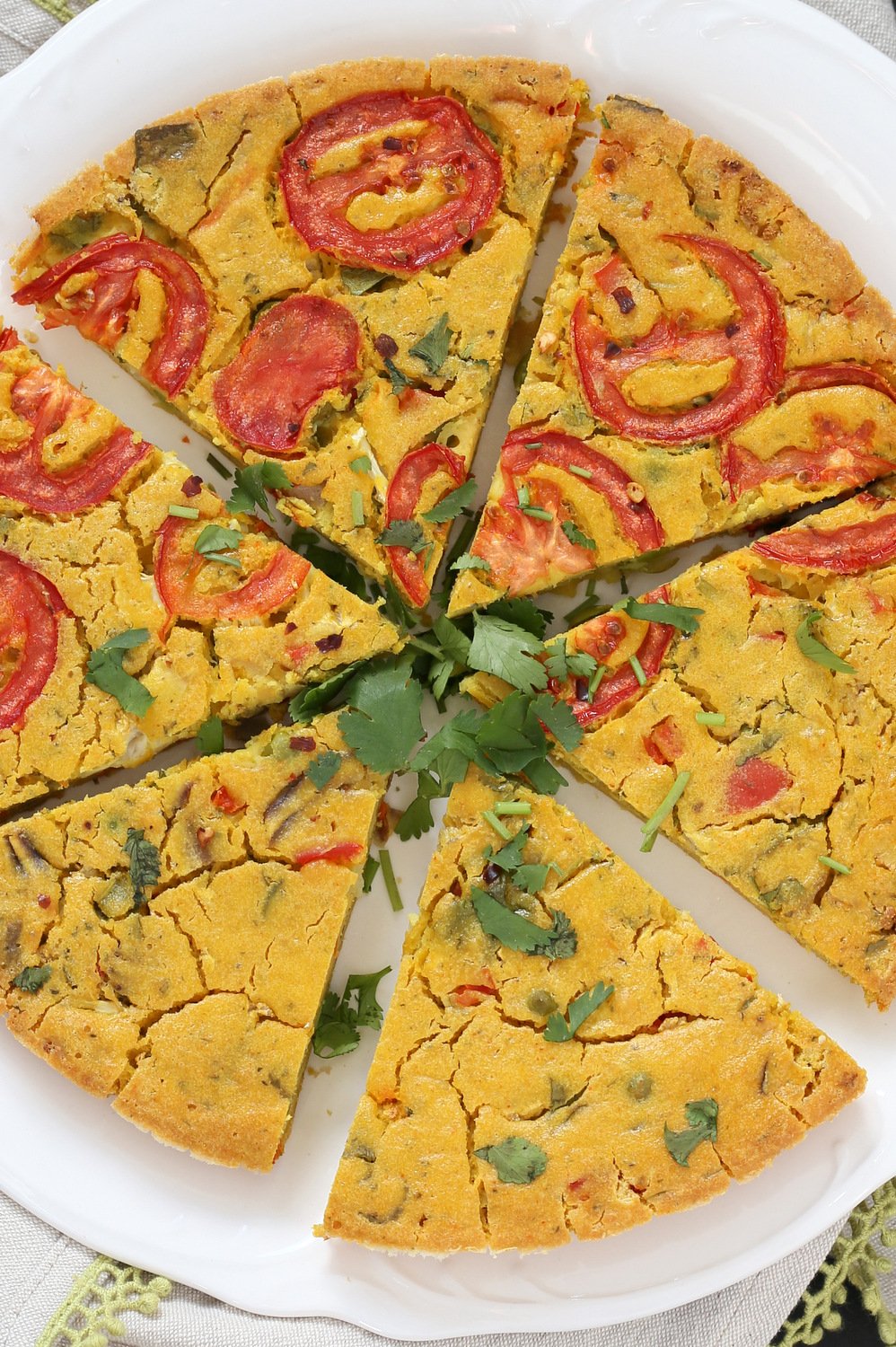 Chickpea Flour Frittata - Eggless Vegan Frittata Recipe. This Chickpea flour frittata is filling, easy and delicious. Use the batter to make pancakes, crepes, crustless quiche. #Vegan #Glutenfree #Soyfree #Nutfree #Recipe #veganricha