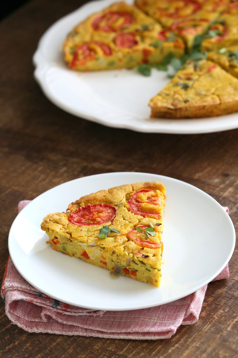 Chickpea Flour Frittata - Eggless Vegan Frittata Recipe. This Chickpea flour frittata is filling, easy and delicious. Use the batter to make pancakes, crepes, crustless quiche. #Vegan #Glutenfree #Soyfree #Nutfree #Recipe #veganricha