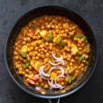 Kadai Chole is a delicious Chickpea curry generally made in wok. 1 Pot 30 min Spiced Chickpeas and Potatoes. Simple Indian sauce paired here with potatoes. #Vegan #Indian #Glutenfree #Soyfree #Nutfree #Recipe #indianvegan #VeganRicha
