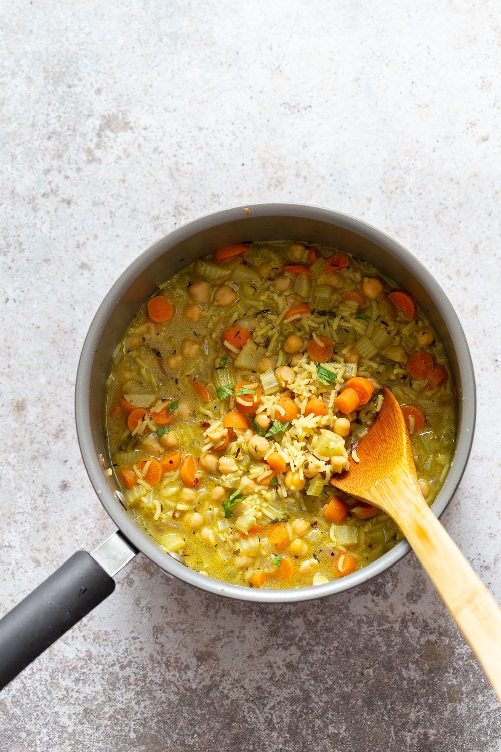 Vegan Chickpea Rice Soup in a Saucepan