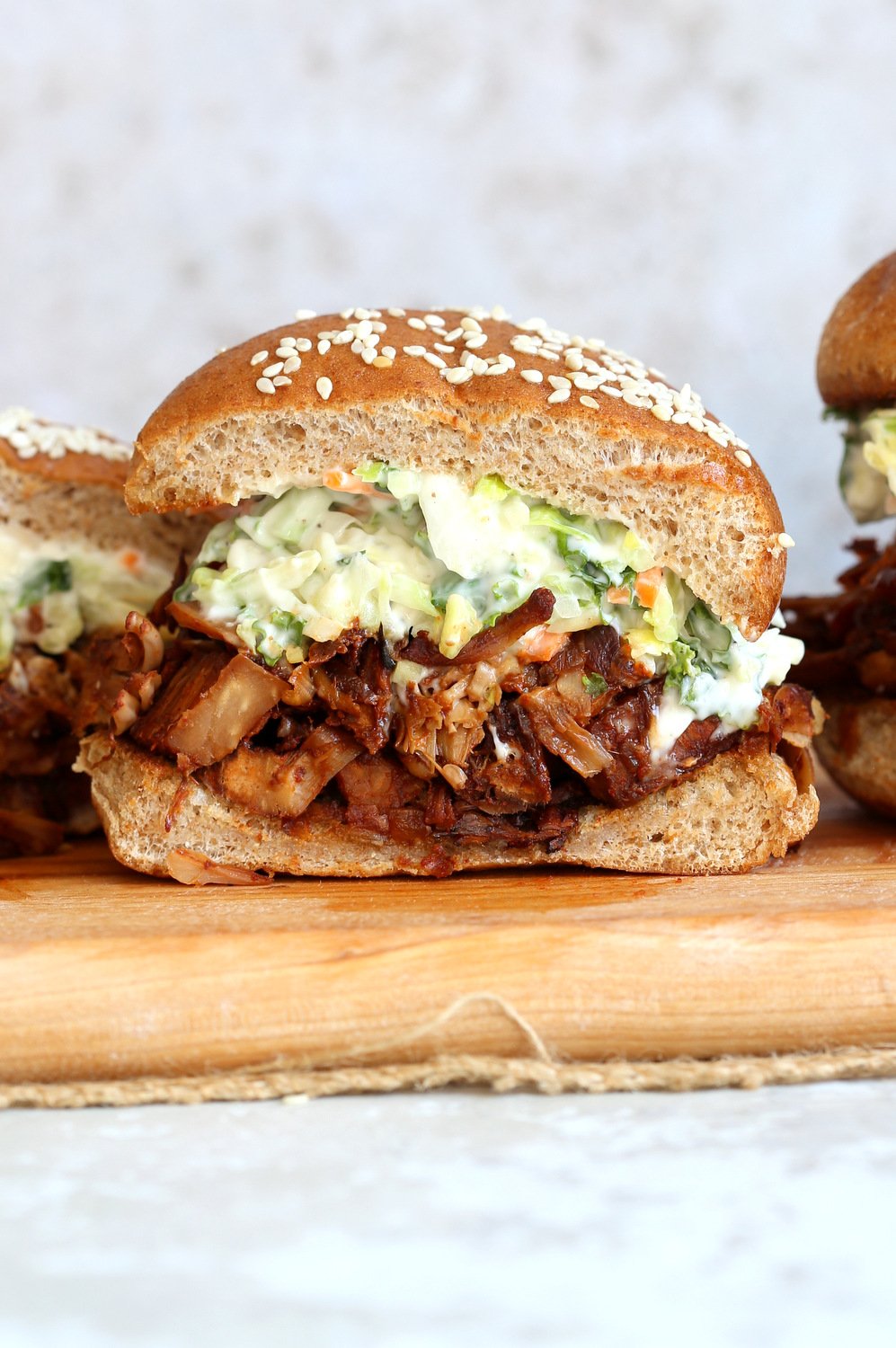 Easy Pulled Jackfruit Sandwiches. Shredded Jackfruit seasoned with bbq seasoning and bbq sauce, baked and served with slaw. #Vegan Pulled Pork. #Nutfree Recipe. Can be #glutenfree soy-free