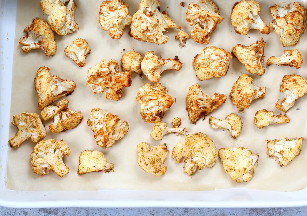 Spiced Cauliflower Florets in a white baking dish for our Vegan Cauliflower Tikka Masala