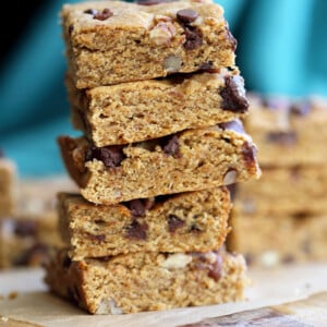 Vegan Pumpkin Blondies! Easy Nut Butter Pumpkin Blondies with Pecans and chocolate chips. No Added oil. #veganricha #vegan #Nutfree #Glutenfree option