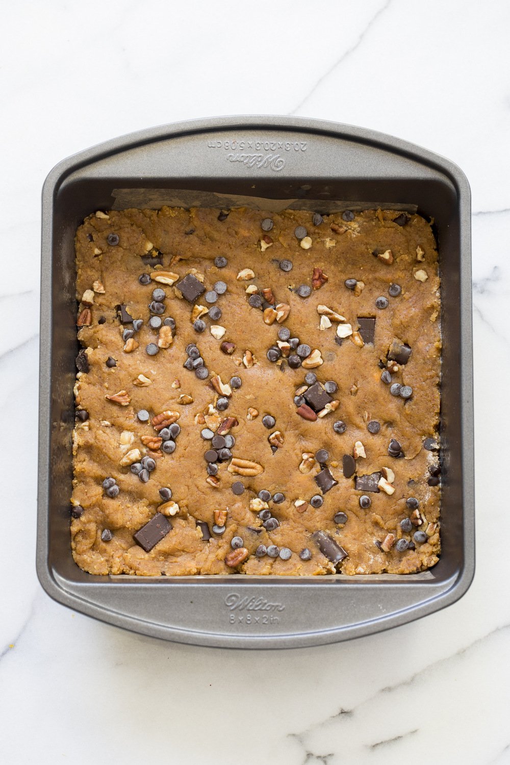 Vegan Pumpkin Blondies! Easy Nut Butter Pumpkin Blondies with Pecans and chocolate chips. No Added oil. #veganricha #vegan #Nutfree #Glutenfree option