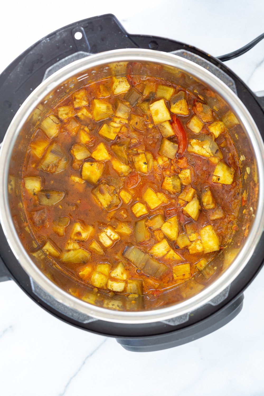 Instant Pot Baingan Bharta Recipe - Spiced Mashed Eggplant. Serve as dip with flatbread or with curries or Dals. #Vegan #Glutenfree #Nutfree #Soyfree #Recipe #VeganRicha