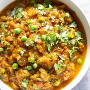 Instant Pot Baingan Bharta Recipe - Spiced Mashed Eggplant. Serve as dip with flatbread or with curries or Dals. #Vegan #Glutenfree #Nutfree #Soyfree #Recipe #VeganRicha