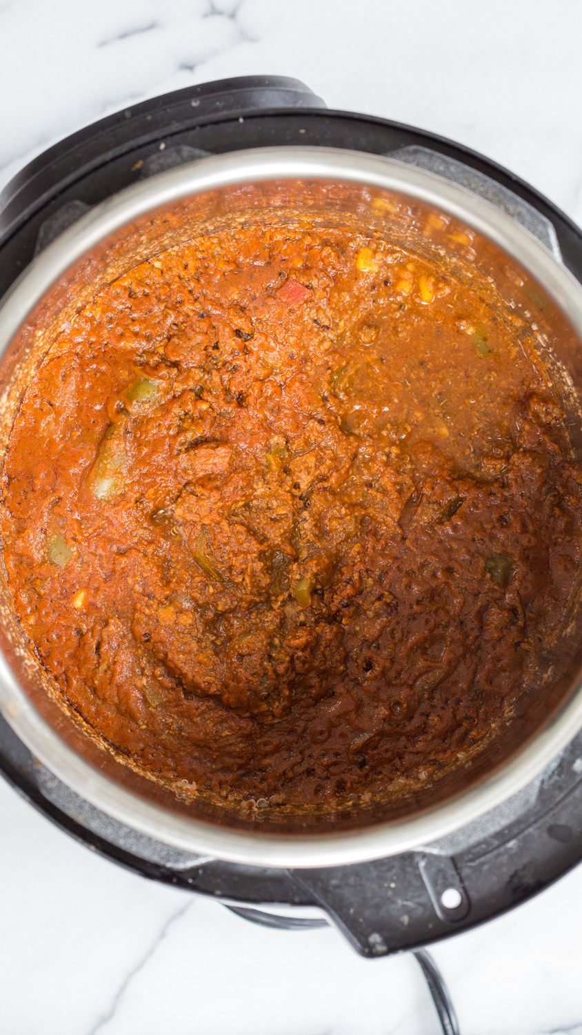 Instant Pot Vegan Enchilada Soup with Quinoa, walnuts, mushrooms. Bean-free Quinoa Chili with enchilada seasoning. Saucepan Option. #VeganRicha #Vegan #Soyfree #Glutenfree #Recipe #Nutfreeoption #oilfree