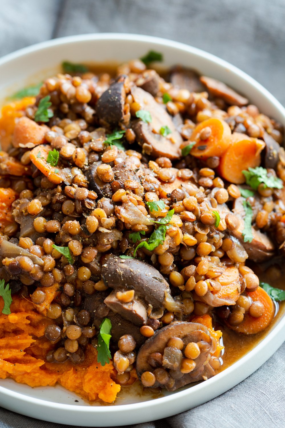 Instant Pot Lentil Mushroom Stew with Easy Mashed Sweet Potatoes. 1 Pot 30 Minute. Upside down Lentil Shepherds Pie! #VeganRicha #Vegan #Glutenfee #Nutfree #soyfree #Recipe Stovetop option