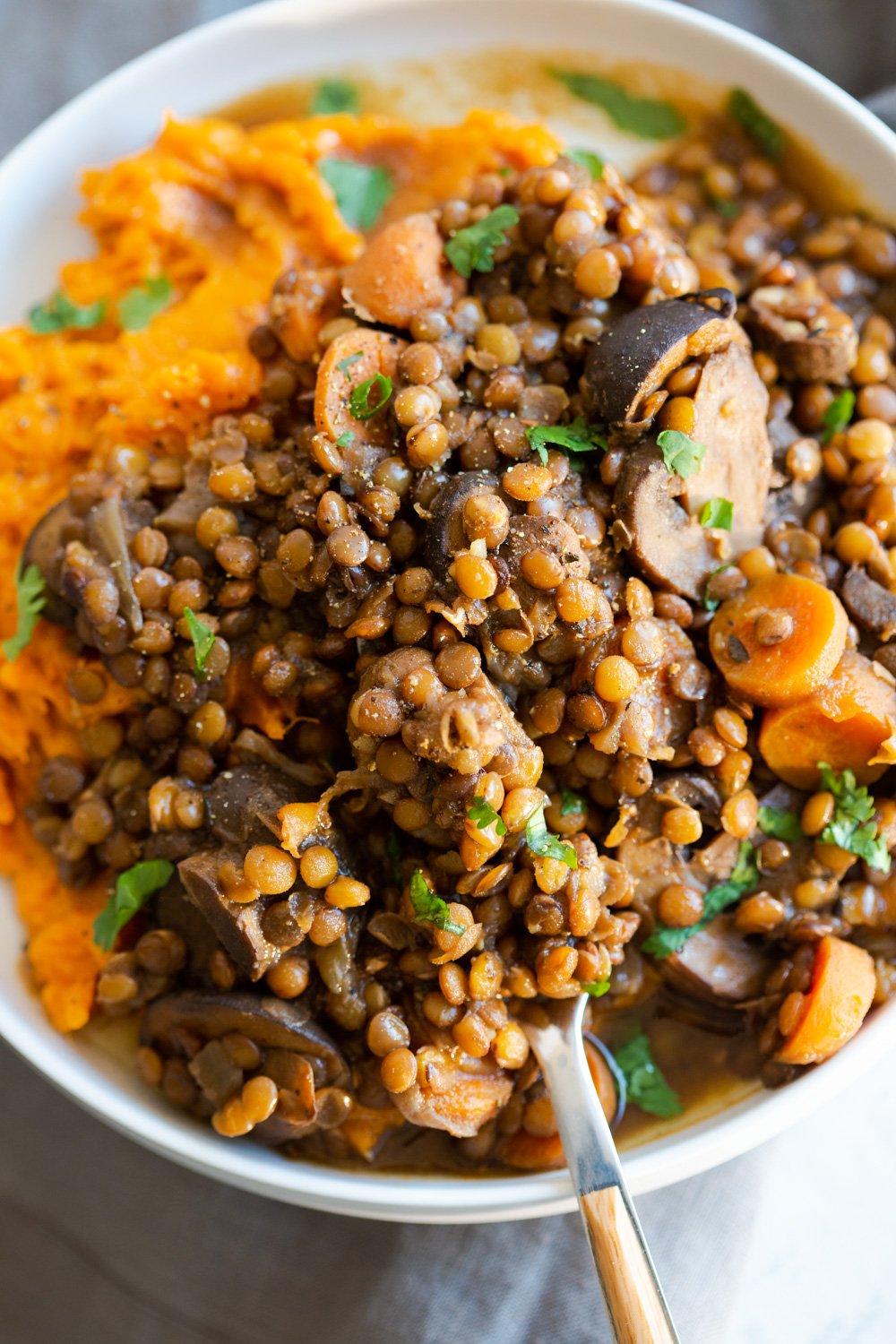 Instant Pot Lentil Mushroom Stew with Easy Mashed Sweet Potatoes. 1 Pot 30 Minute. Upside down Lentil Shepherds Pie! #VeganRicha #Vegan #Glutenfee #Nutfree #soyfree #Recipe Stovetop option
