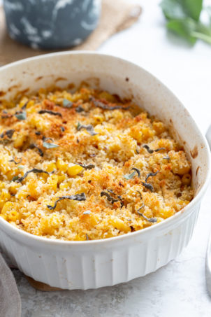Vegan Pumpkin Mac and Cheese Bake. Easy Creamy Pumpkin Sauce with pasta, topped with crisp sage and breadcrumbs. #Vegan #Soyfree #Recipe #VeganRicha #nutfree option