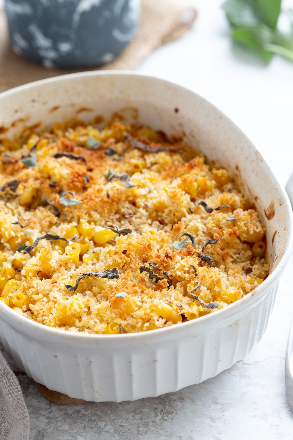 Vegan Pumpkin Mac and Cheese Bake. Easy Creamy Pumpkin Sauce with pasta, topped with crisp sage and breadcrumbs. #Vegan #Soyfree #Recipe #VeganRicha #nutfree option