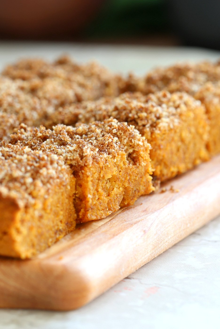 These Vegan Gluten-free Pumpkin Bars are grain-free, fudgy and so Delicious! Cinnamon streusel on top makes them decadent and festive. No added Oil, can be refined sugar free. #Vegan #Glutenfree #Soyfree #Paleo #Grainfree #Recipe #VeganRicha