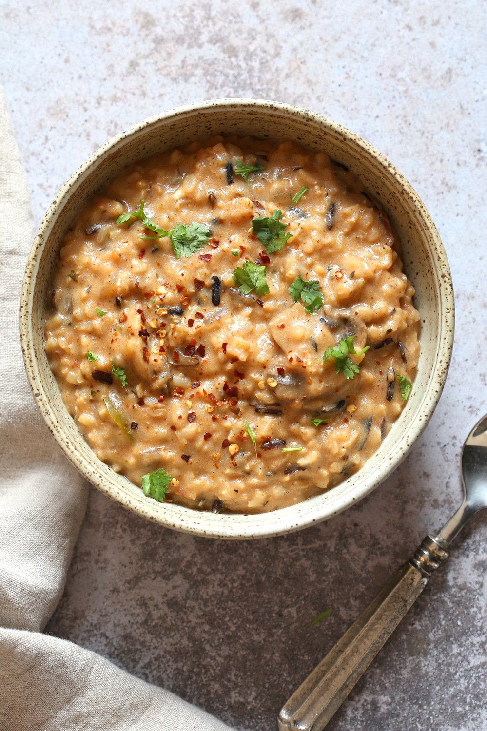 Vegan Wild Rice Mushroom Soup in a small bowl