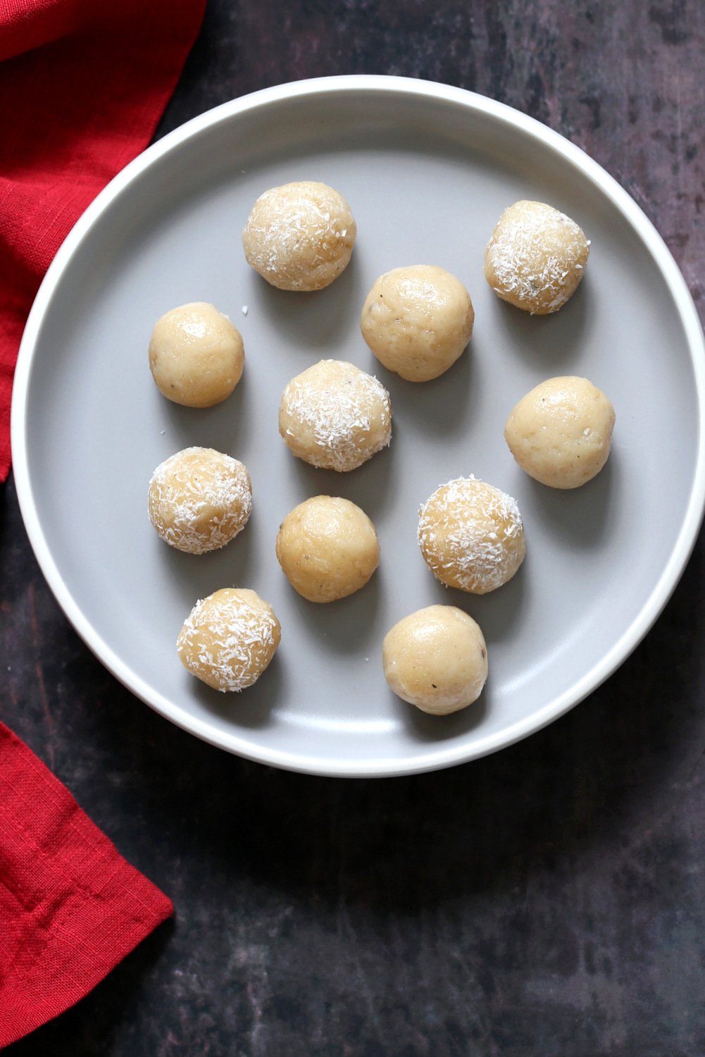 Vegan Malai Ladoo. Sweet Fudge balls that are flavored with cardamom. Festive Indian Sweet. Dairy-free Ladoo. #veganRicha #Vegan #Glutenfree #Soyfree #Recipe Can be #oilfree.